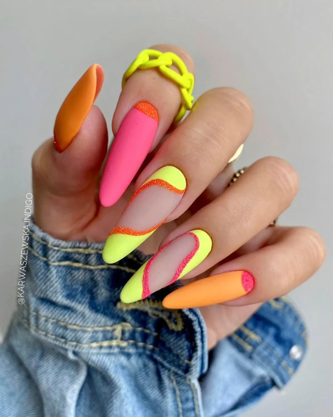 neon summer nails 2026 Matte Neon Almond Nails With Glitter Waves
