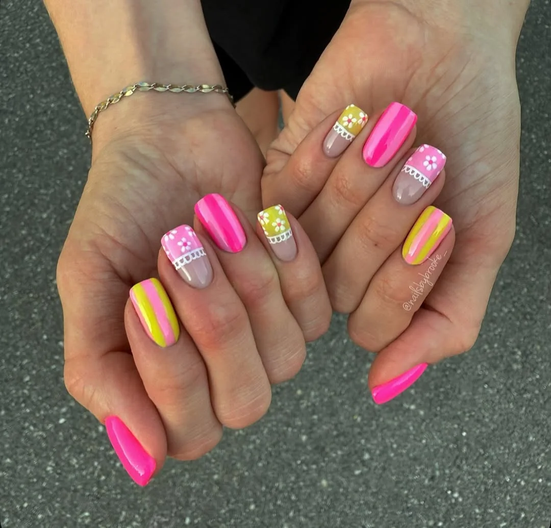 neon summer nails 2026 Simple Pink And Yellow Neon Short Nails