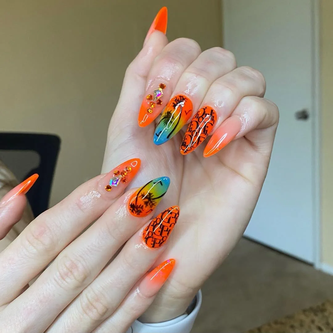 neon summer nails 2026 Neon Orange Tropical Palm Nails