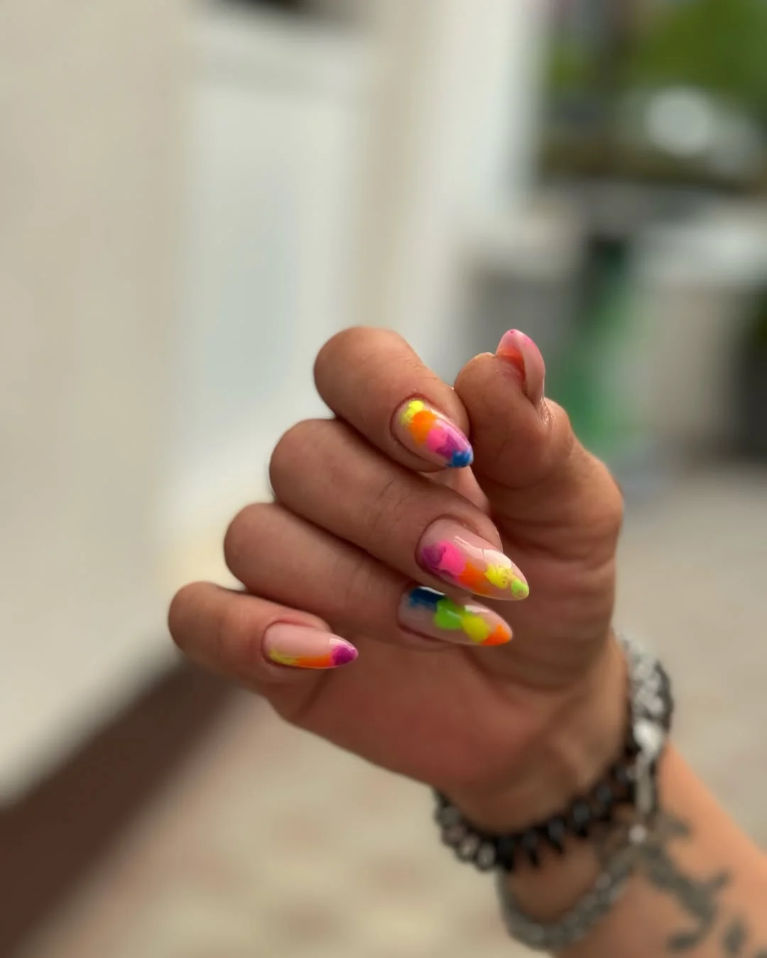 neon summer nails 2026 Rainbow Neon Aura Almond Nails