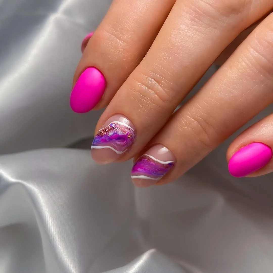 neon summer nails 2026 Matte Pink Marble Neon Nails