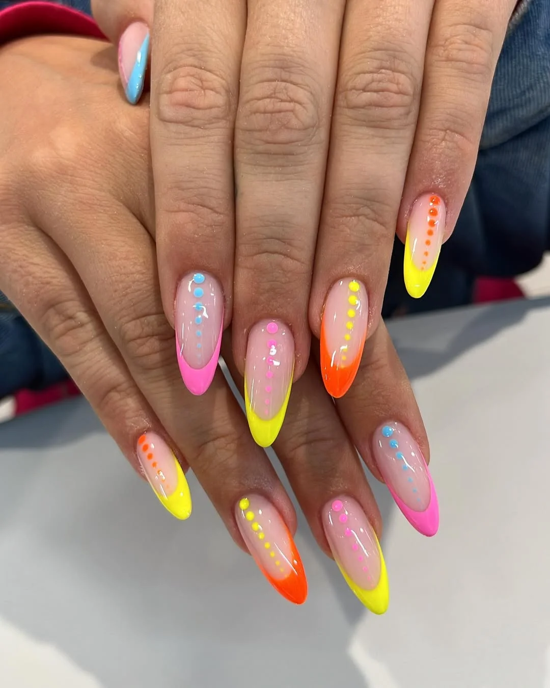 neon summer nails 2026 Colorful Neon French Tip Almond Nails
