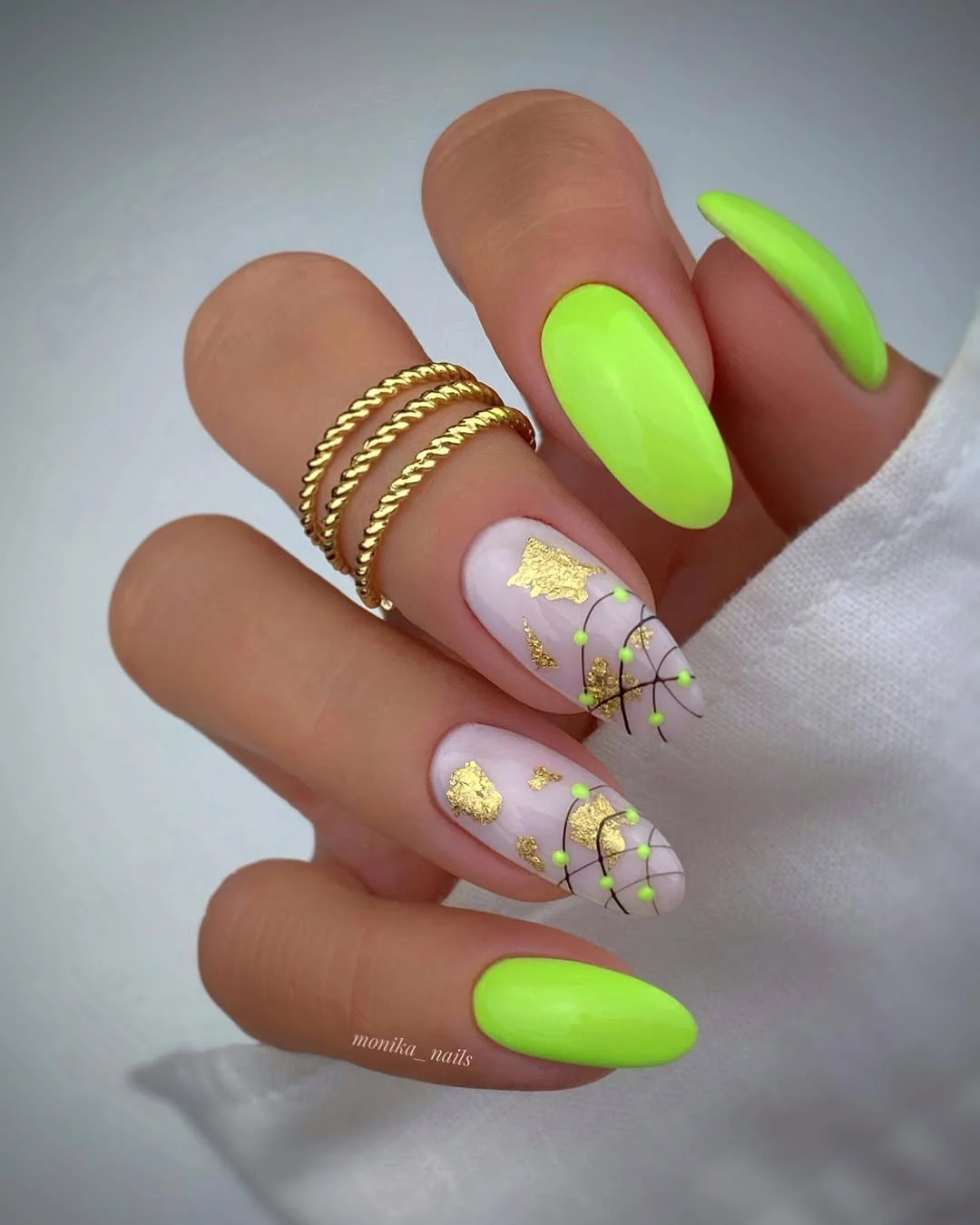 neon summer nails 2026 Neon Green Matte Nails With Gold Foil