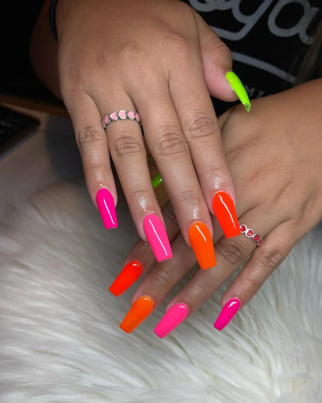 neon summer nails 2026 Classic Neon Pink And Orange Acrylic Nails