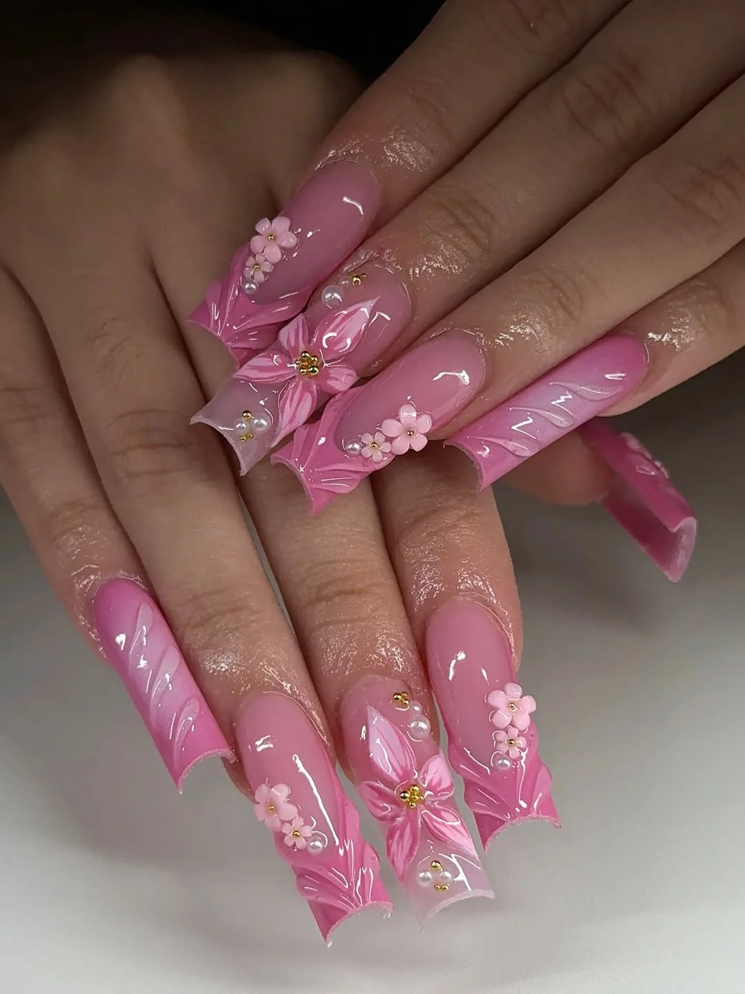 pink summer nails 2026 3D Pink Blossom Nails