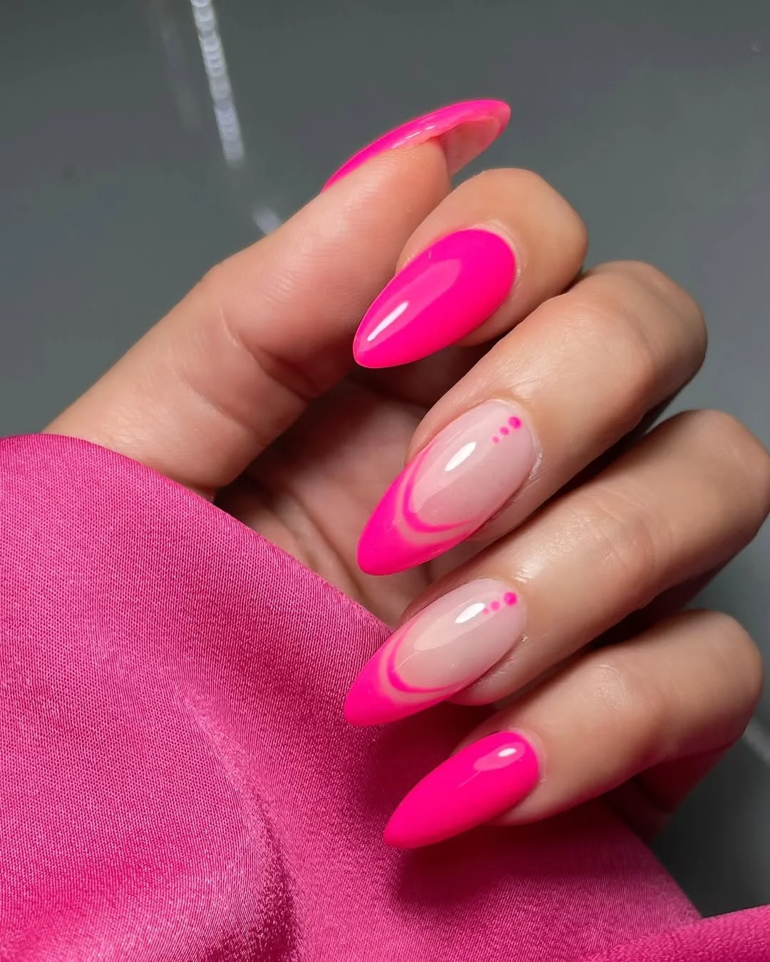 pink summer nails 2026 Hot Pink Swirl Almond Nails