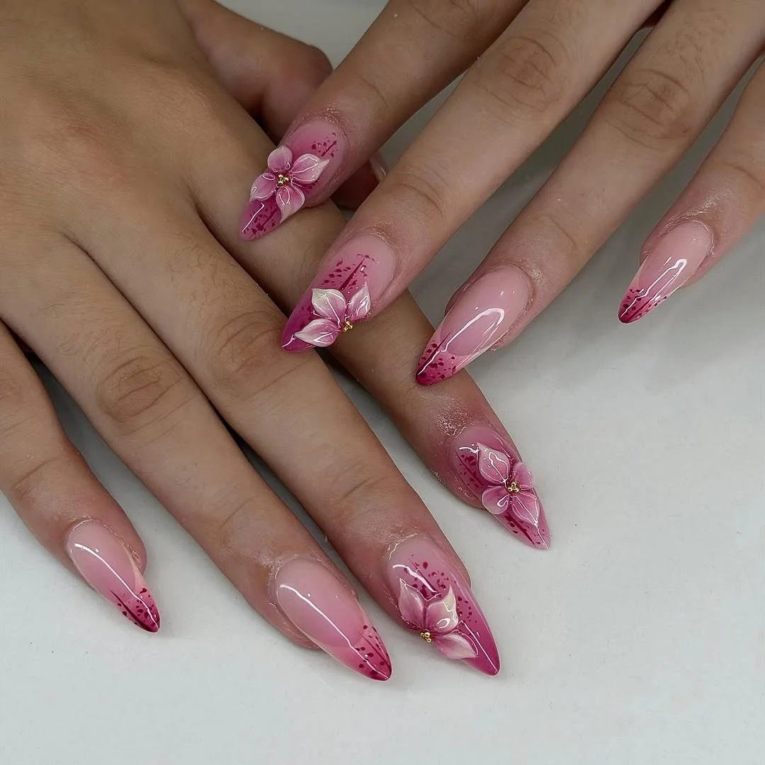 pink summer nails 2026 Soft Pink Floral Almond Nails