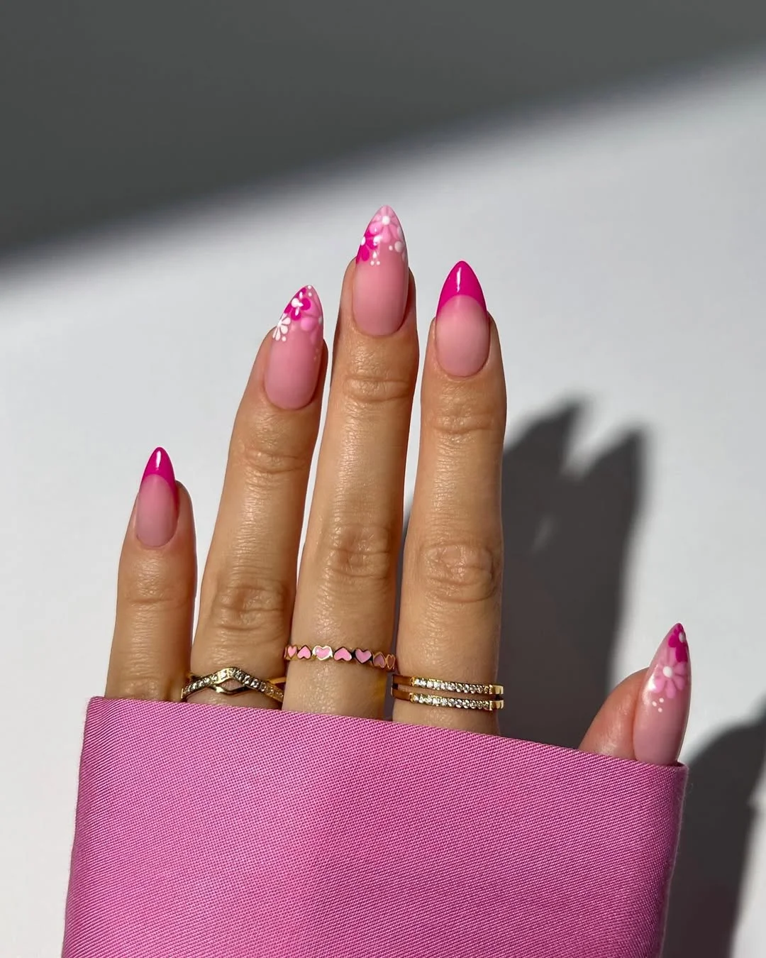 pink summer nails 2026 Hot Pink Floral French Nails