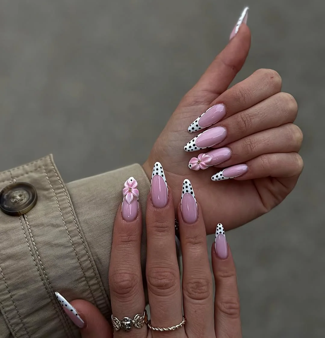 polka dot summer nails 2026 Soft Pink Flower And Polka Dot Nails