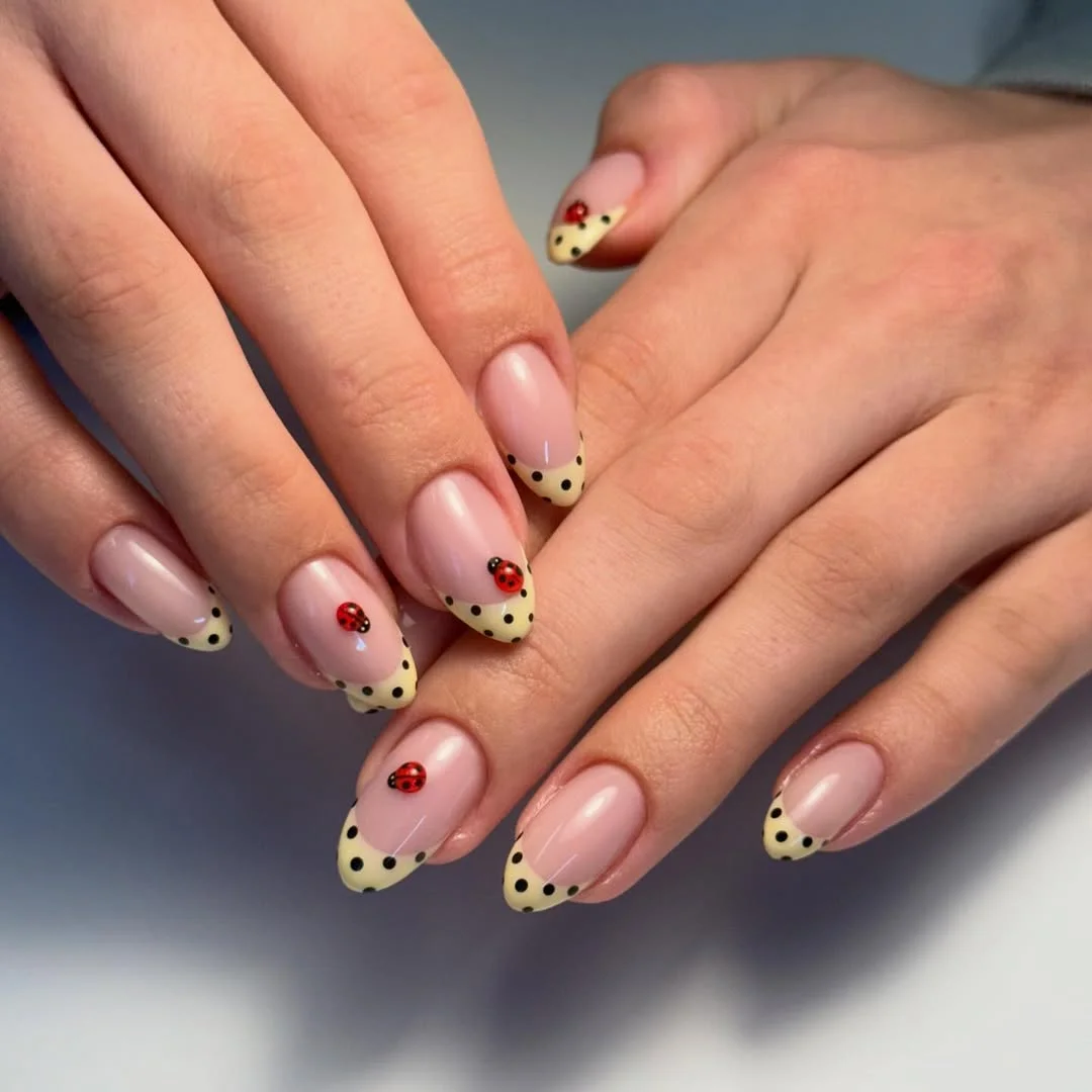 polka dot summer nails 2026 Soft Yellow Polka Dot French With Ladybug Details