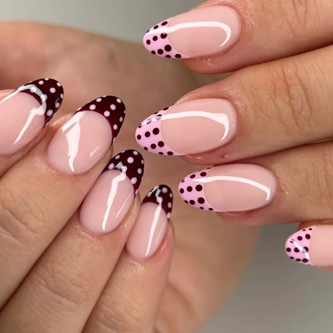 polka dot summer nails 2026 Pink And Cherry Polka Dot French Tips