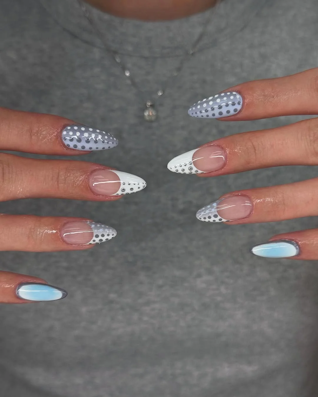 polka dot summer nails 2026 Blue And White French Tip Polka Dot Almond Nails
