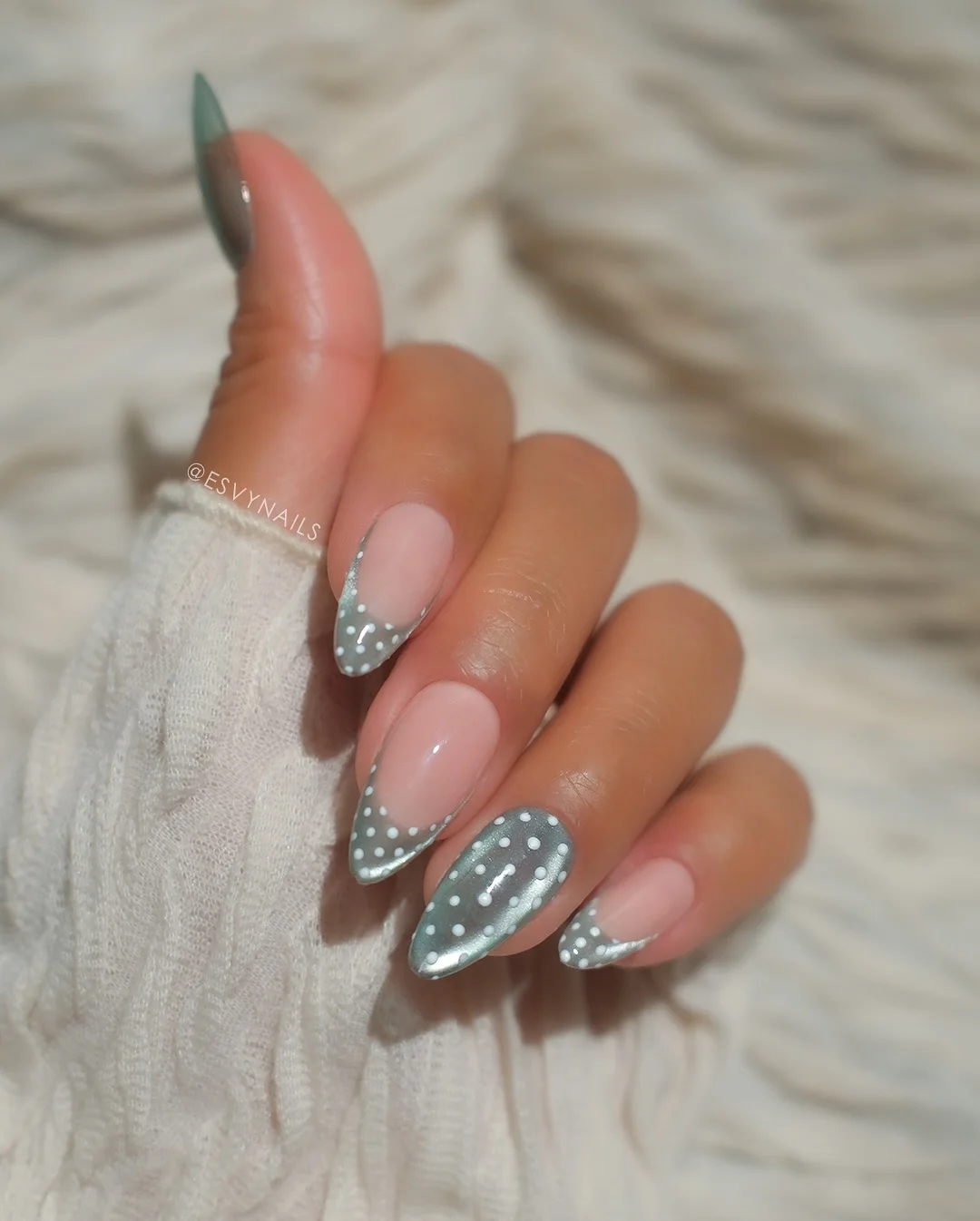 polka dot summer nails 2026 Silver Blue Polka Dot Almond Nails