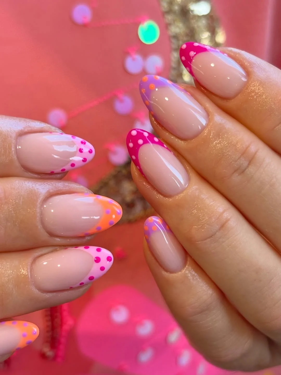 polka dot summer nails 2026 Bright Neon Polka Dot French Tip Nails