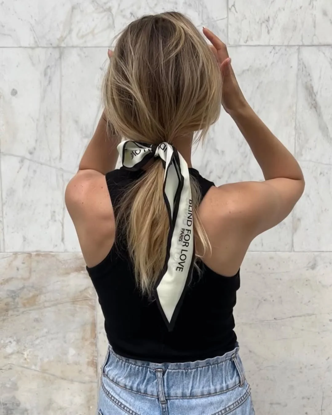 quick summer easy hairstyle 2026 Low Ponytail with Scarf That Feels Instantly Styled