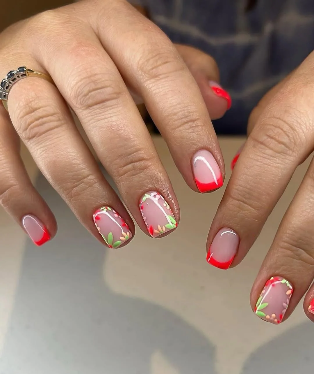 short gel nails summer 2026 Neon French Tips With Tiny Floral Details