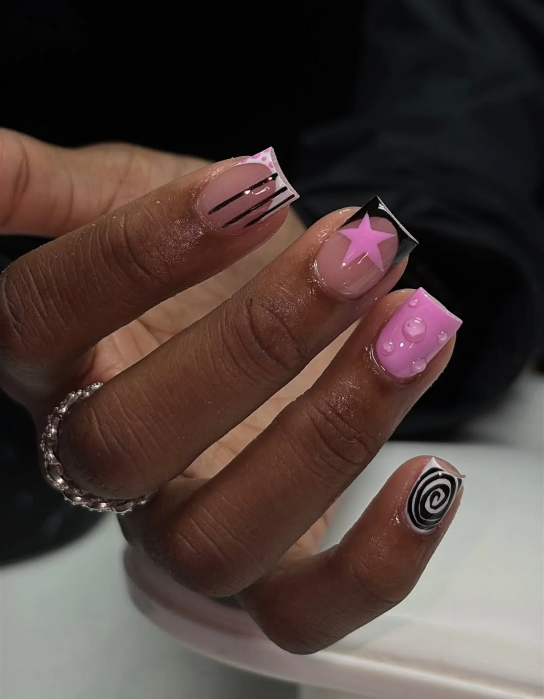 short gel nails summer 2026 Pink Graphic Nails On Dark Skin