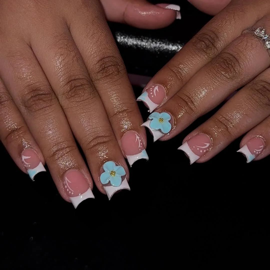 short gel nails summer 2026 Blue Flower French Tips