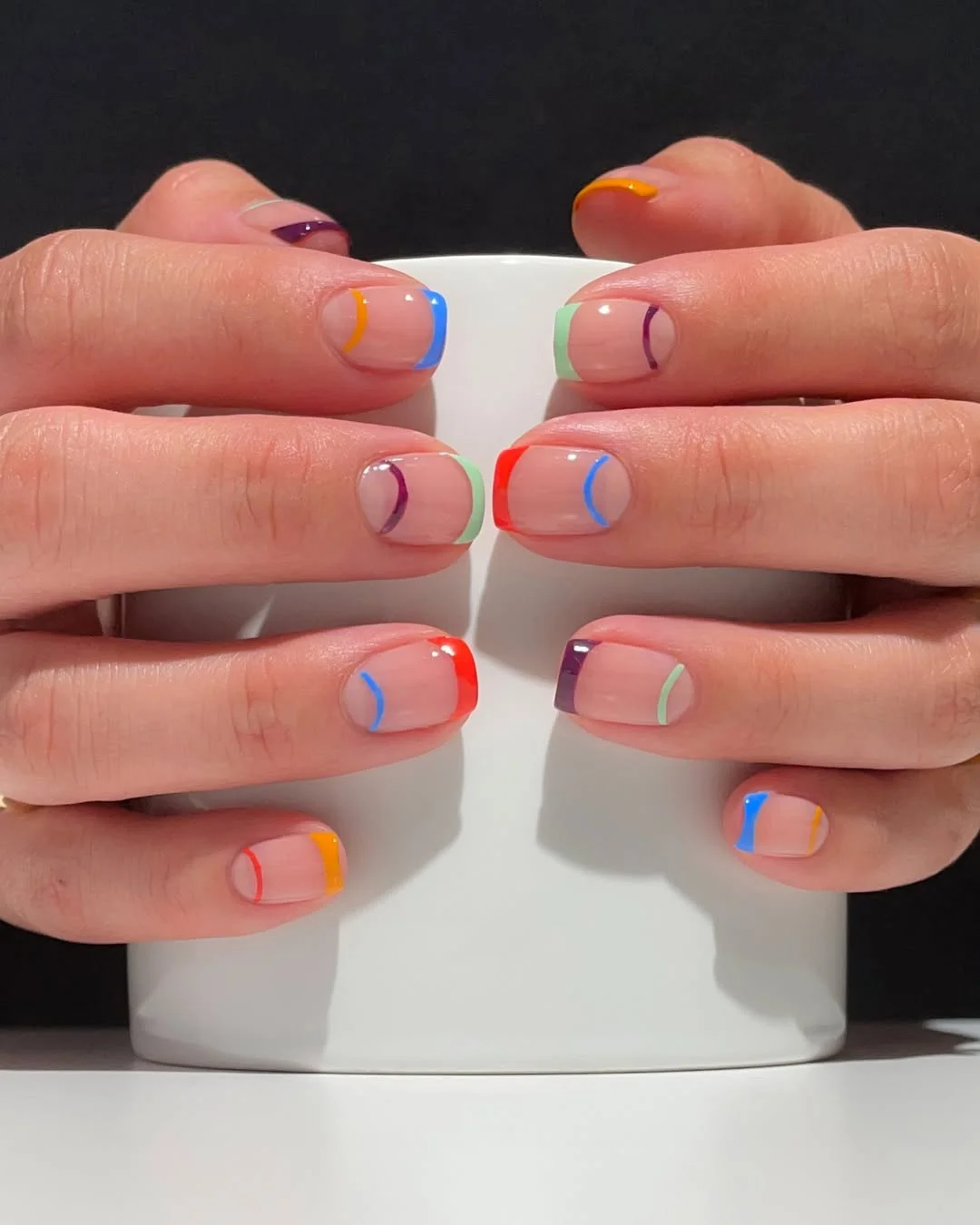 short gel nails summer 2026 Colorful Minimal French Lines