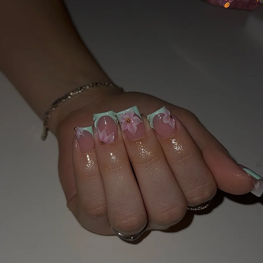 short gel nails summer 2026 Mint French Tips With Floral Details