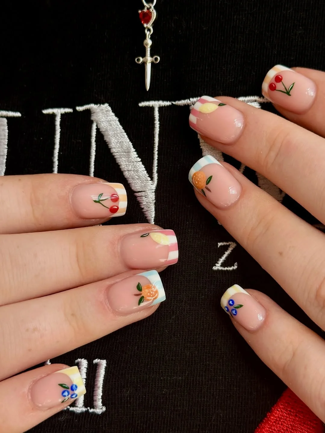 short gel nails summer 2026 Fruit French Tips With Tiny Cherry Art