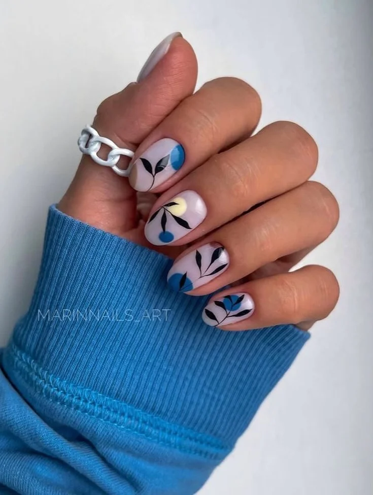short summer nails 2026 Blue Botanical Nails With a Scandinavian Summer Feel