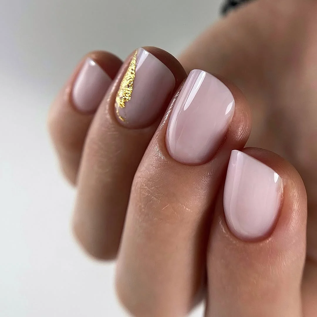 short summer nails 2026 Minimal Blush Nails With Delicate Gold Accent