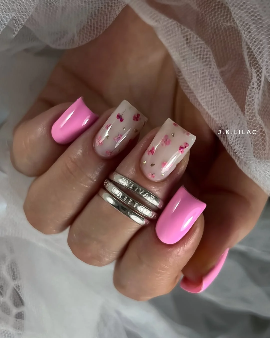 short summer nails 2026 Bubblegum Pink Floral Nails