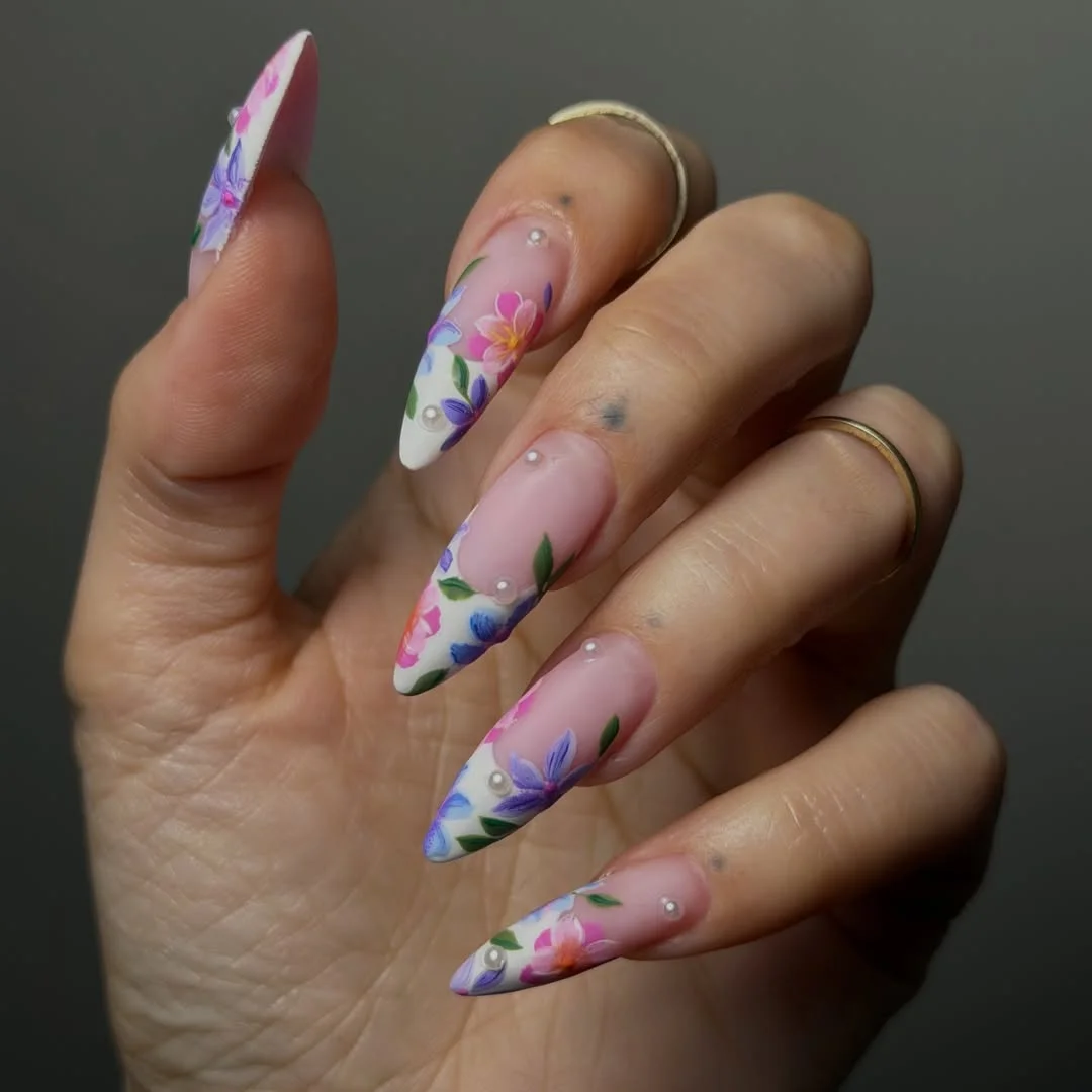 summer acrylic nails 2026 Soft Floral French Acrylic Nails
