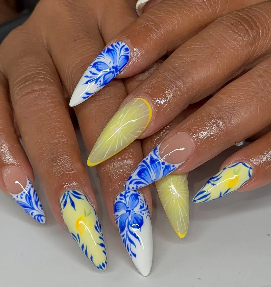 summer acrylic nails 2026 Blue And Yellow Mediterranean Nails