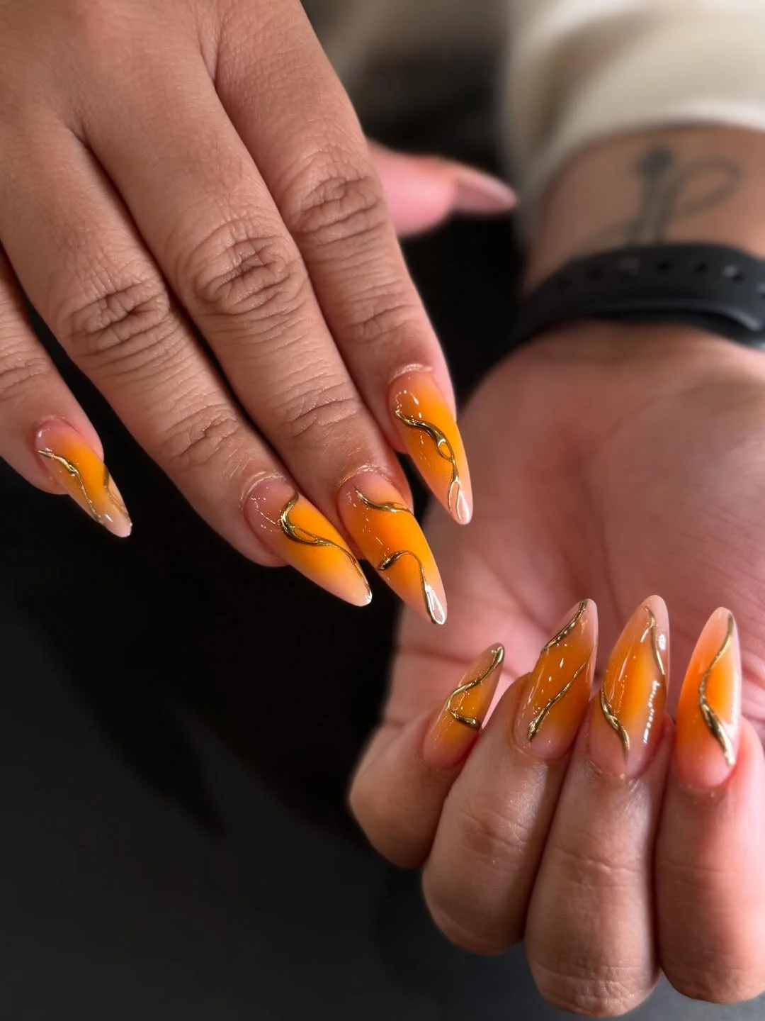 summer acrylic nails 2026 Orange Ombre Acrylic Nails With Gold Waves