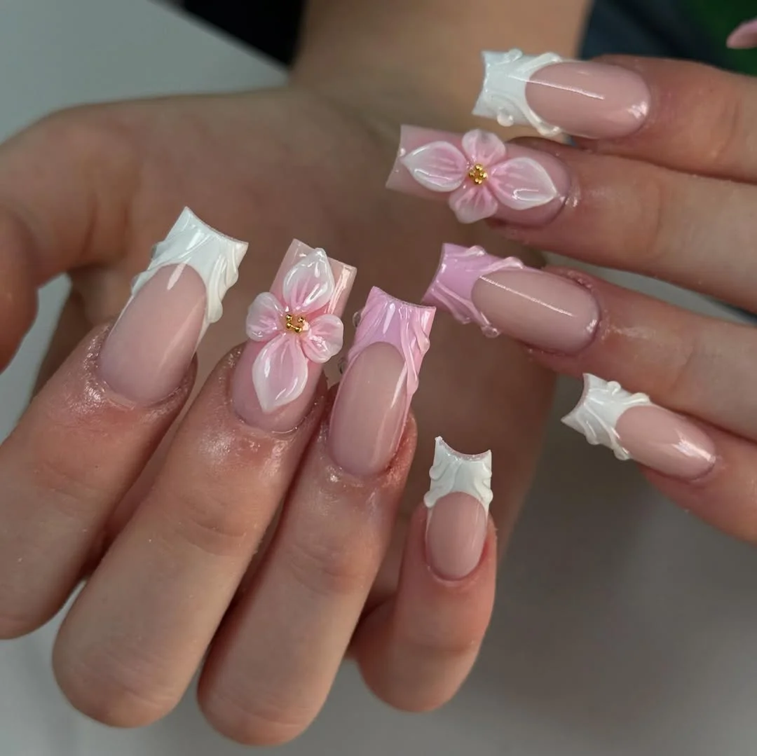 summer acrylic nails 2026 Soft Pink 3D Flower French Nails