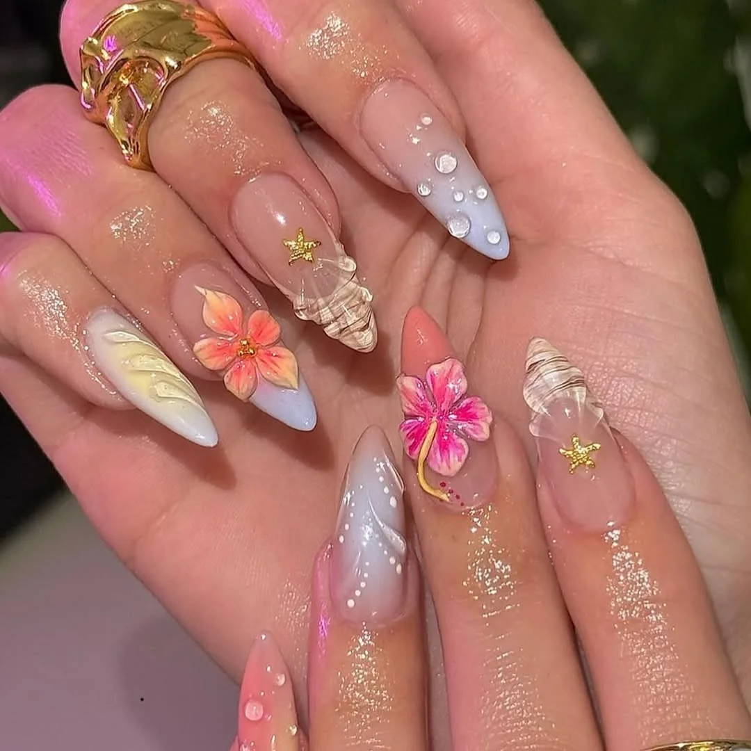 summer acrylic nails 2026 Beach Inspired Tropical Acrylic Nails