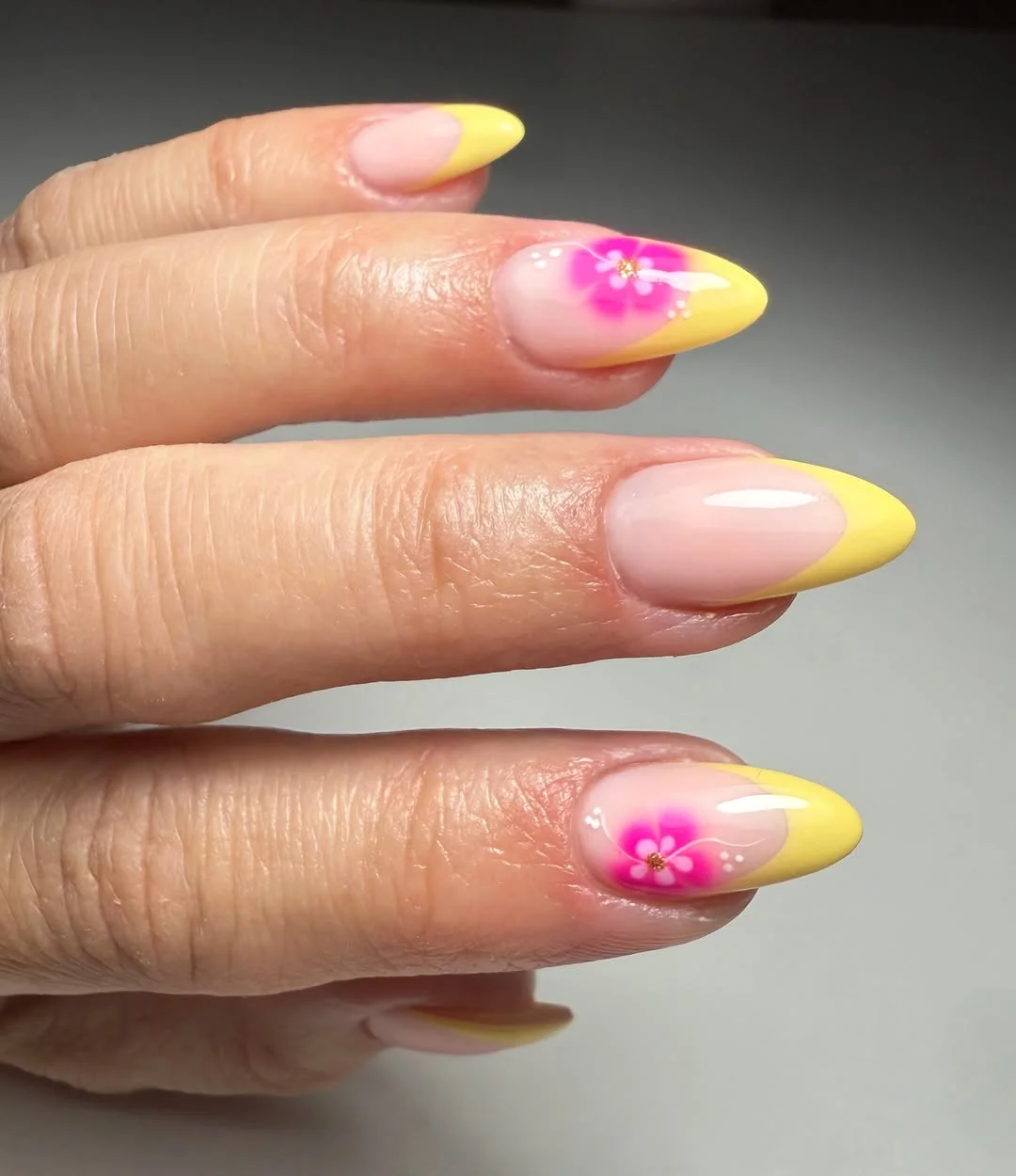 summer acrylic nails 2026 Yellow French Tip Nails With Pink Flowers