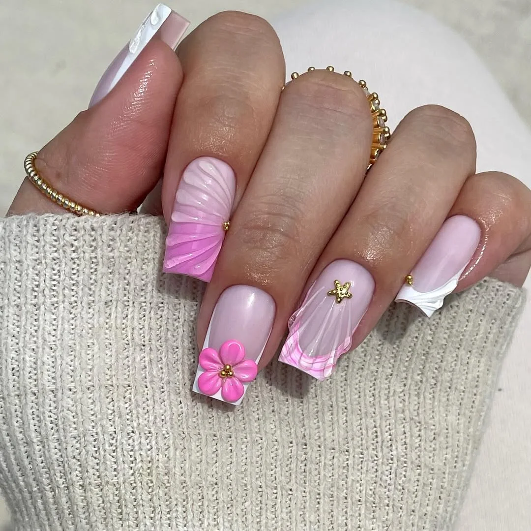 summer acrylic nails 2026 Pink Seashell Acrylic Nails With 3D Flower Detail
