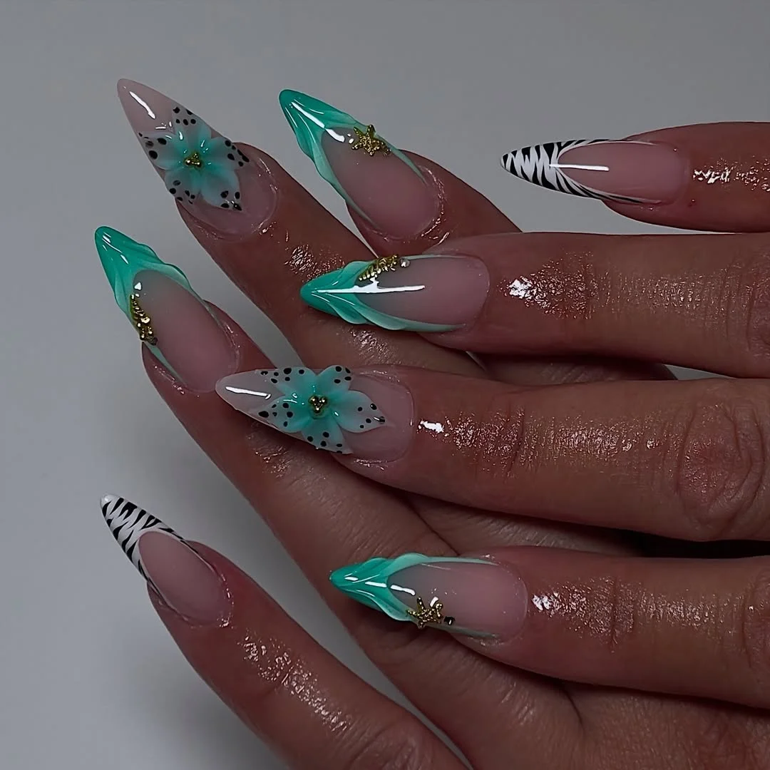 summer almond nails 2026 Tropical Aqua Blooms With Artistic French Tips