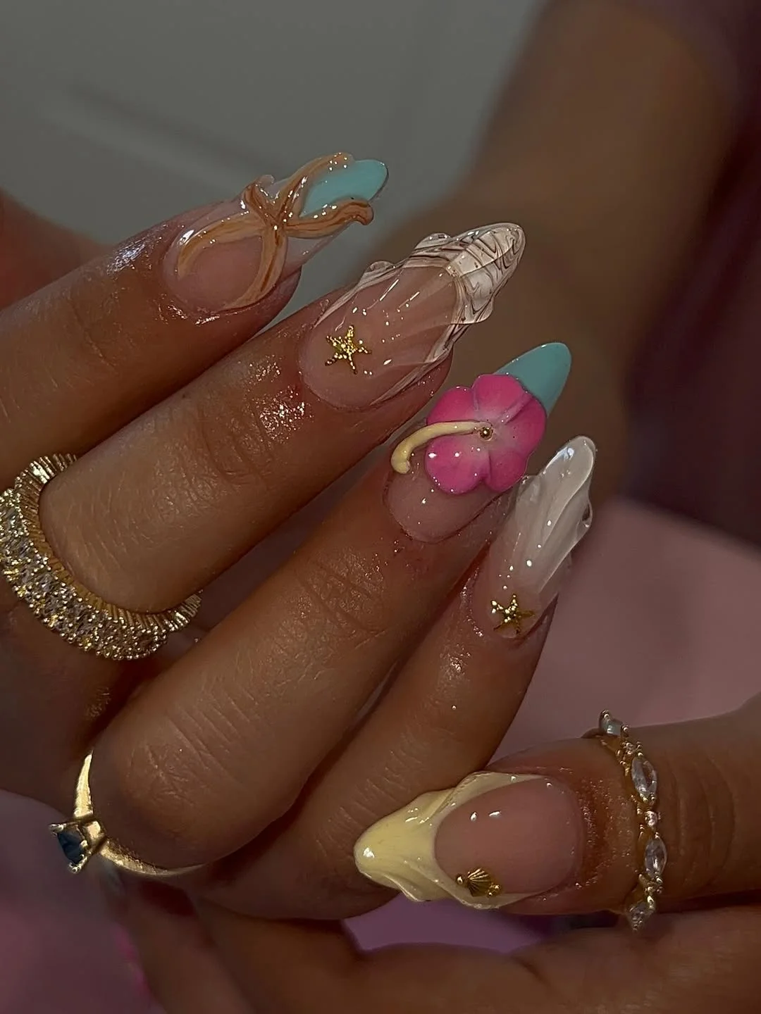 summer almond nails 2026 Seaside Shells And Candy Pink Blooms