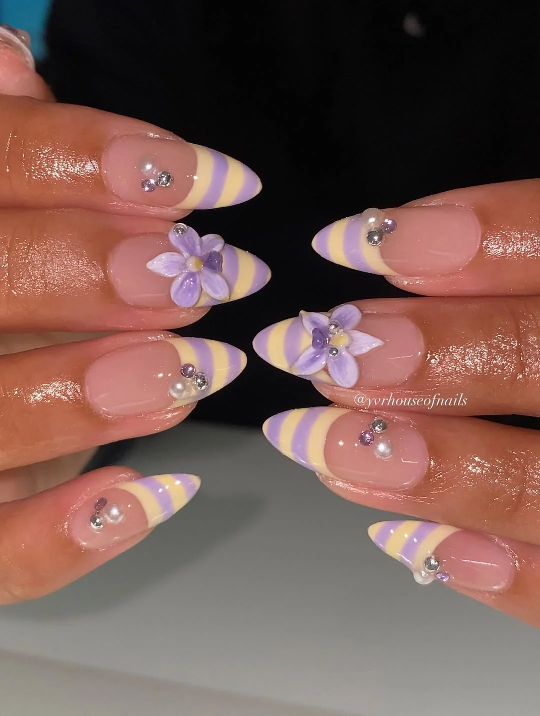 summer almond nails 2026 Pastel Lavender Petals And Candy Stripe Tips