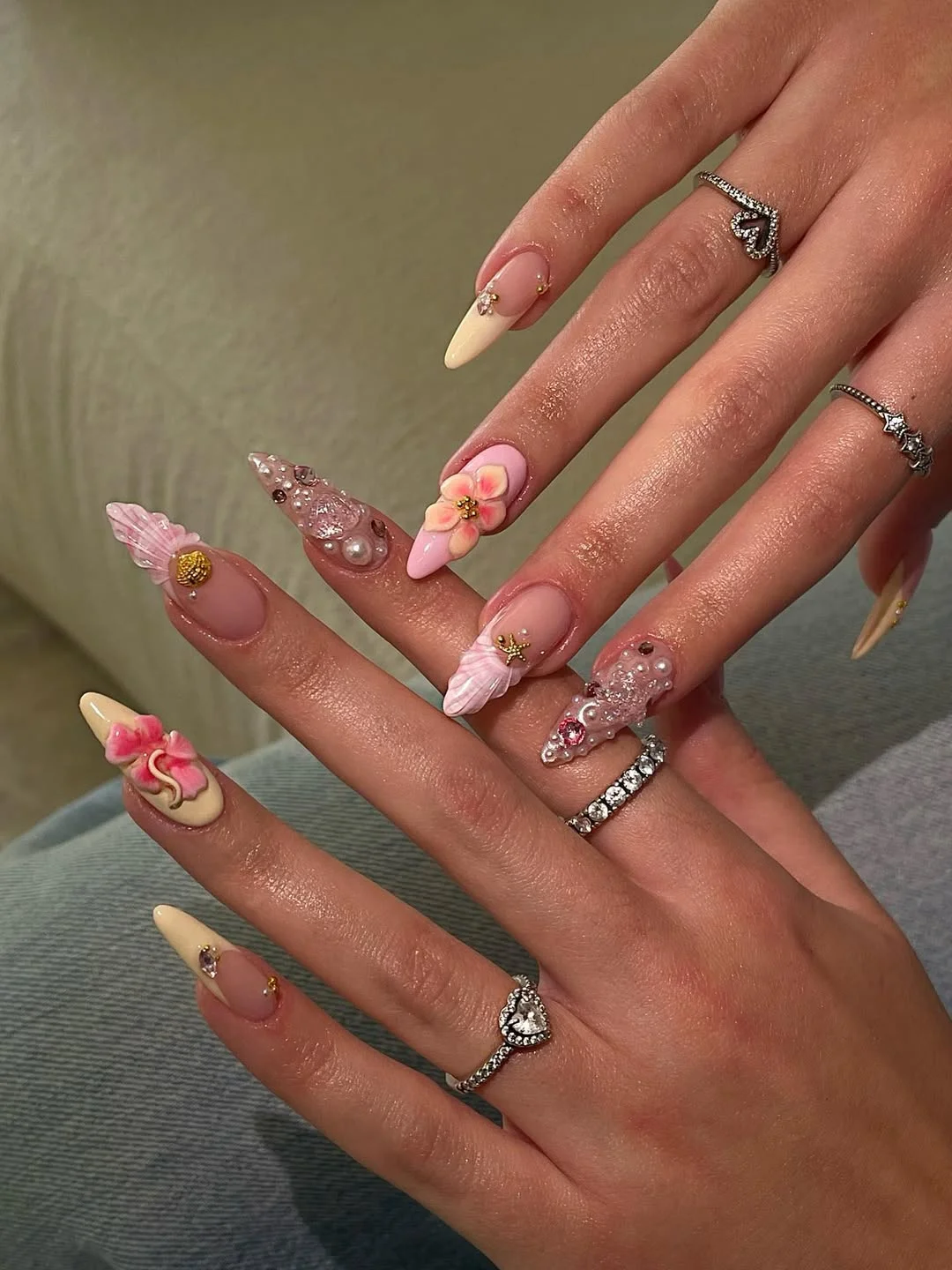 summer almond nails 2026 Romantic Pink Blossoms With Sparkling 3D Accents