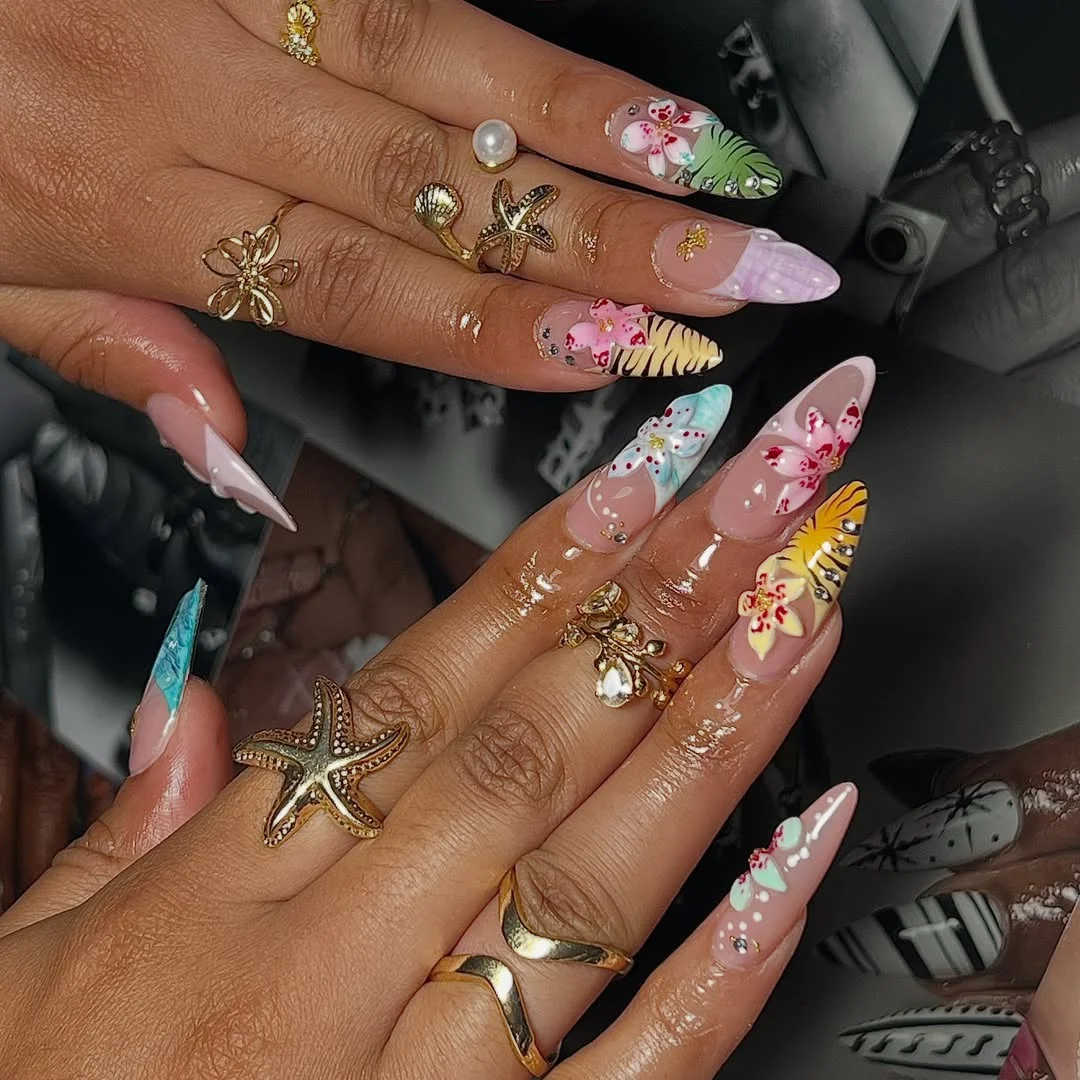 summer almond nails 2026 Tropical Paradise Florals And Beachy Details