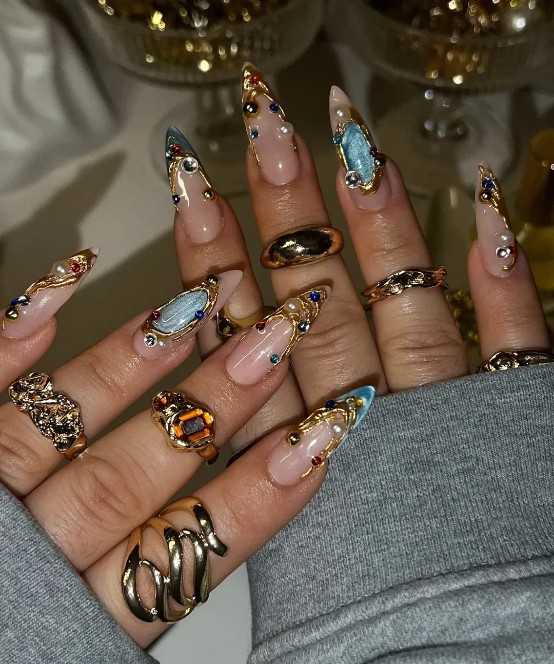summer almond nails 2026 Ocean Treasure Gold And Aqua Accents