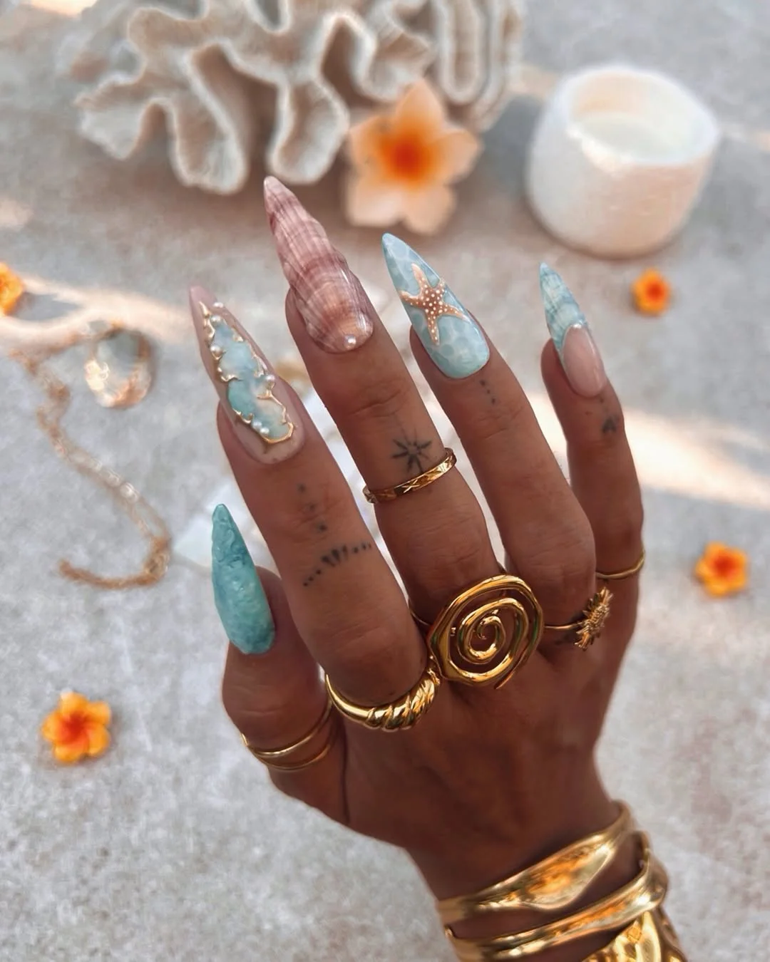 summer beach nails 2026 Mermaid Treasure Almond Nails With Ocean Texture
