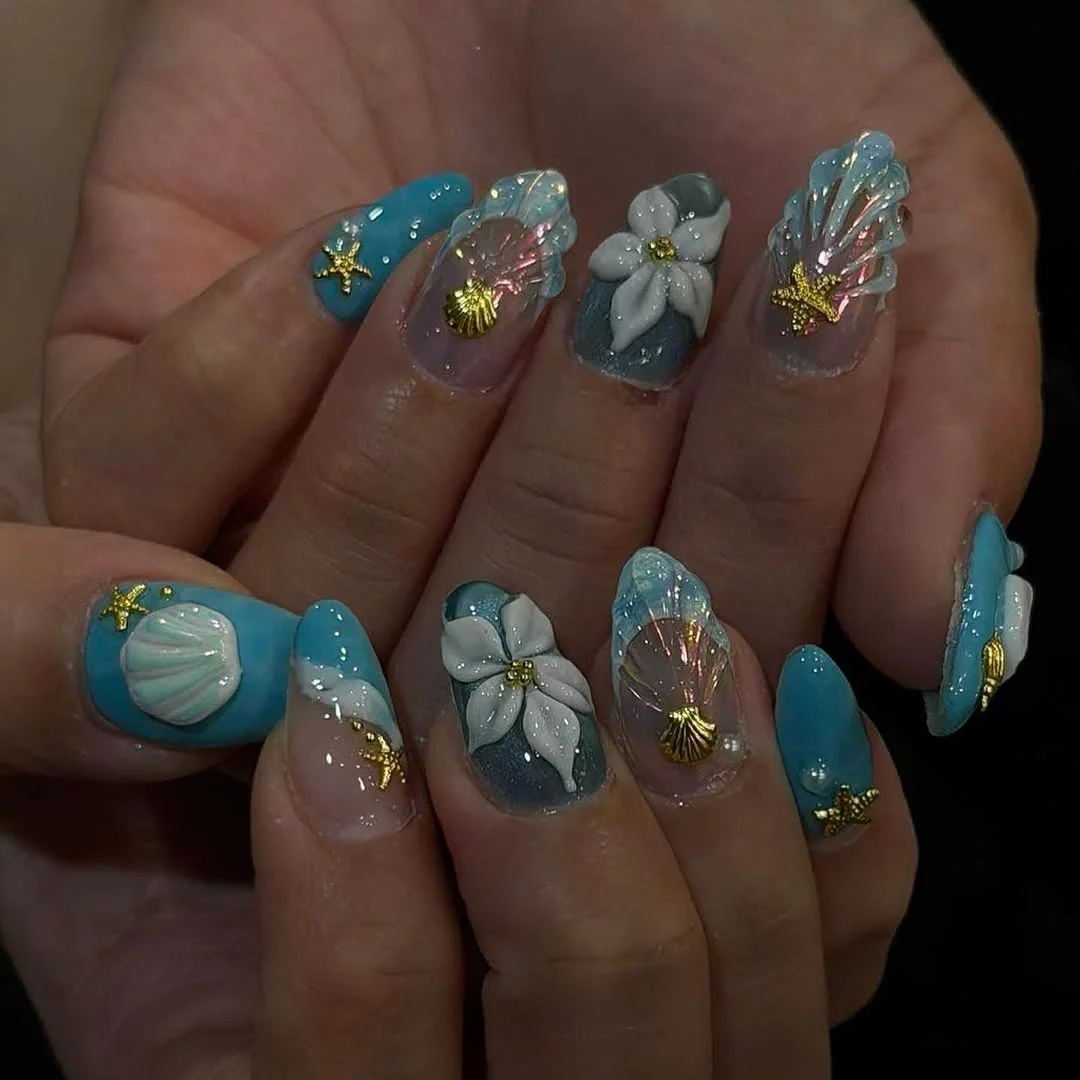 summer beach nails 2026 Bright Blue Mermaid Nails With 3D Shell Art