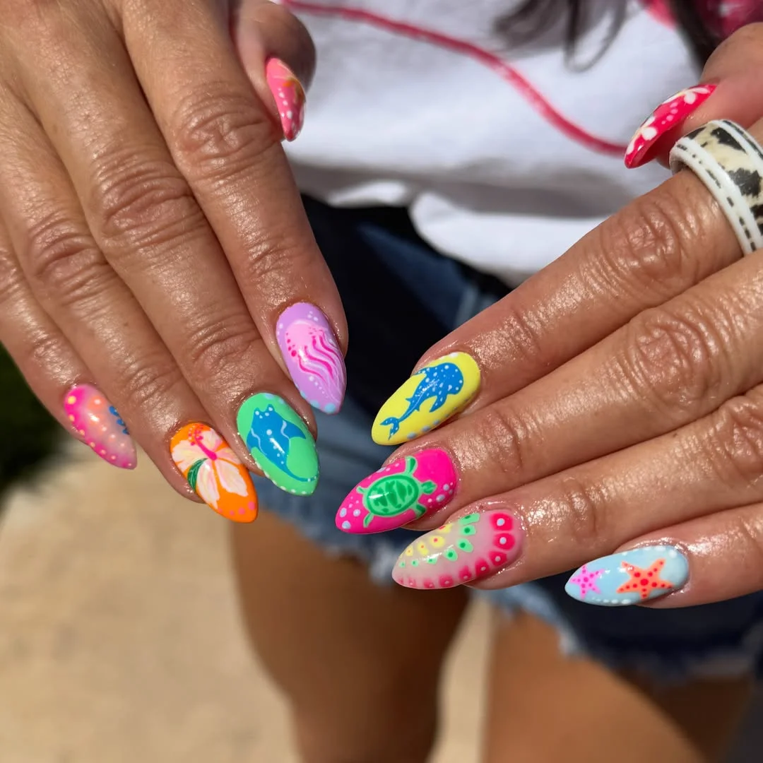 summer beach nails 2026 Bright Tropical Beach Nails With Fun Sea Creatures