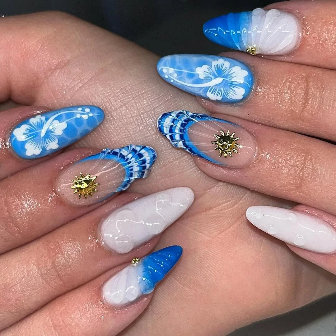 summer beach nails 2026 Blue Hibiscus And Seashell Almond Nails