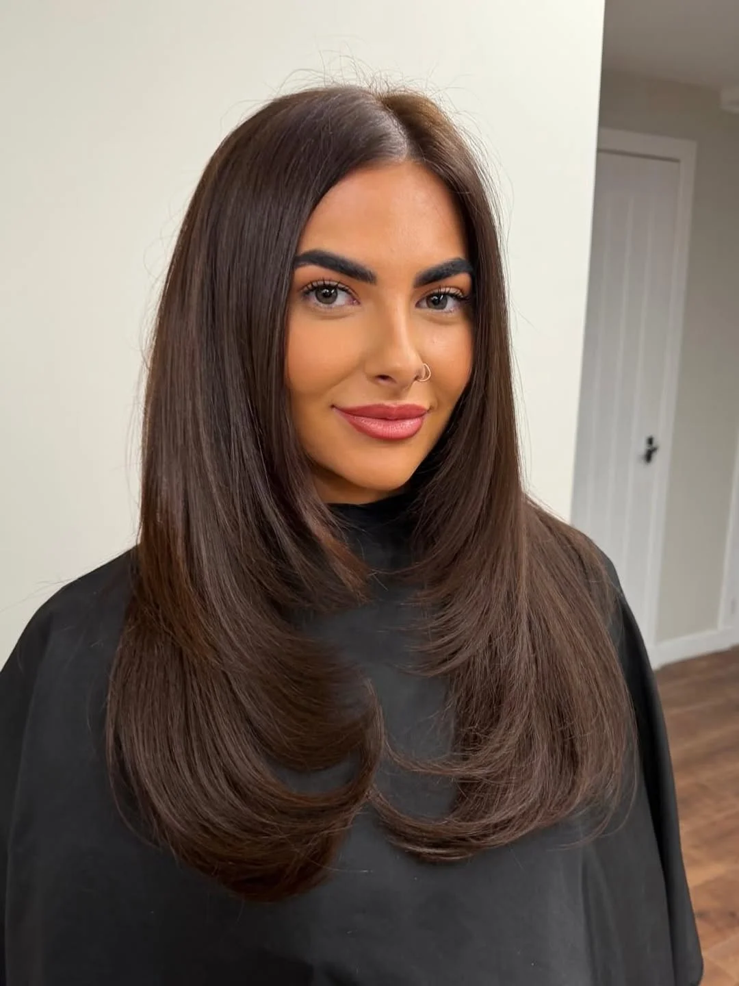 summer brunette hair color 2026 Solid Brunette Blowout With Soft Layers