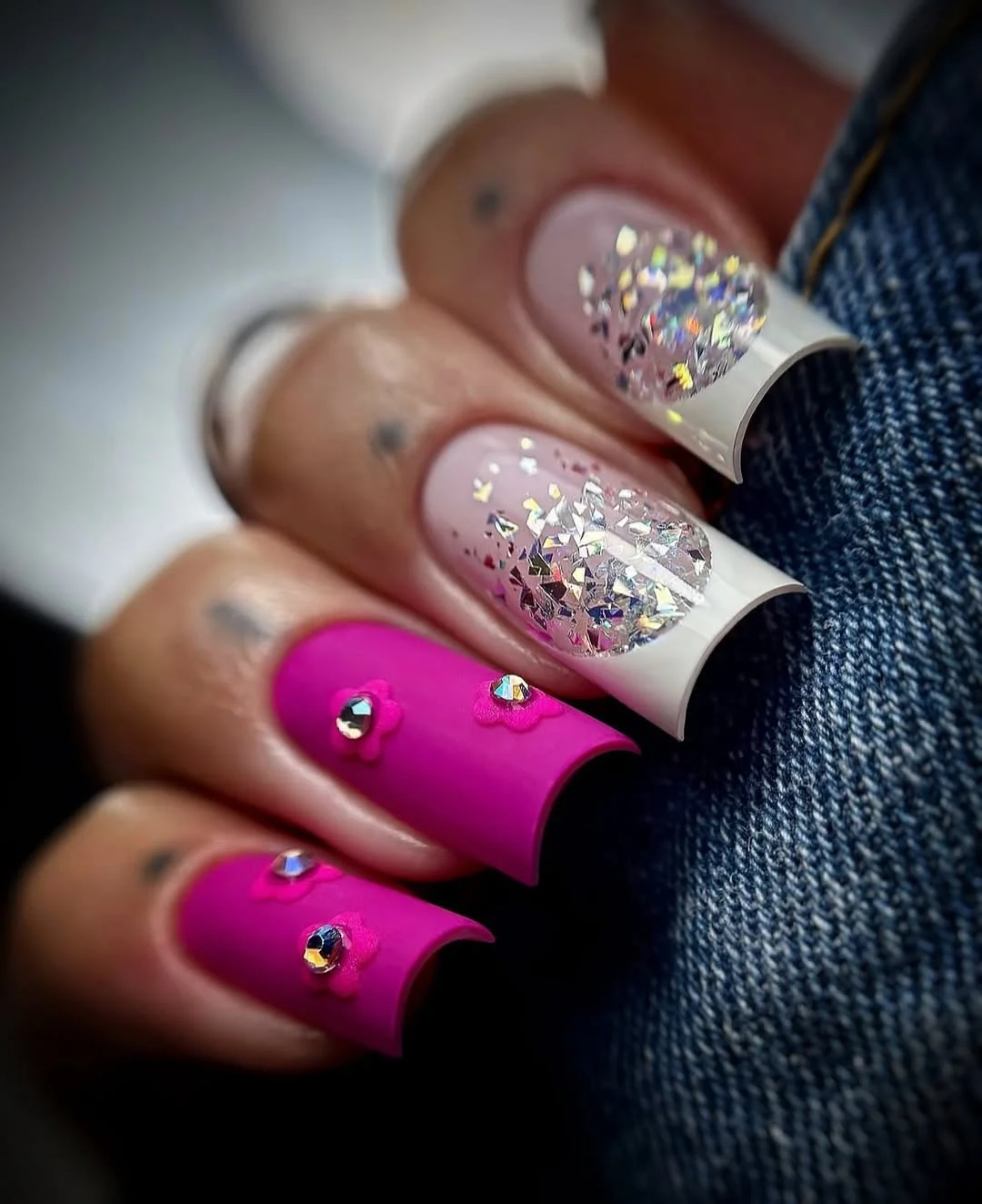 summer dip nails 2026 Hot Pink Glitter French Nails