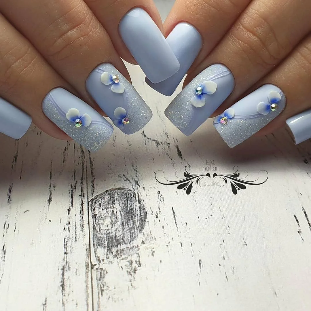 summer dip nails 2026 Soft Blue Floral Dip Nails