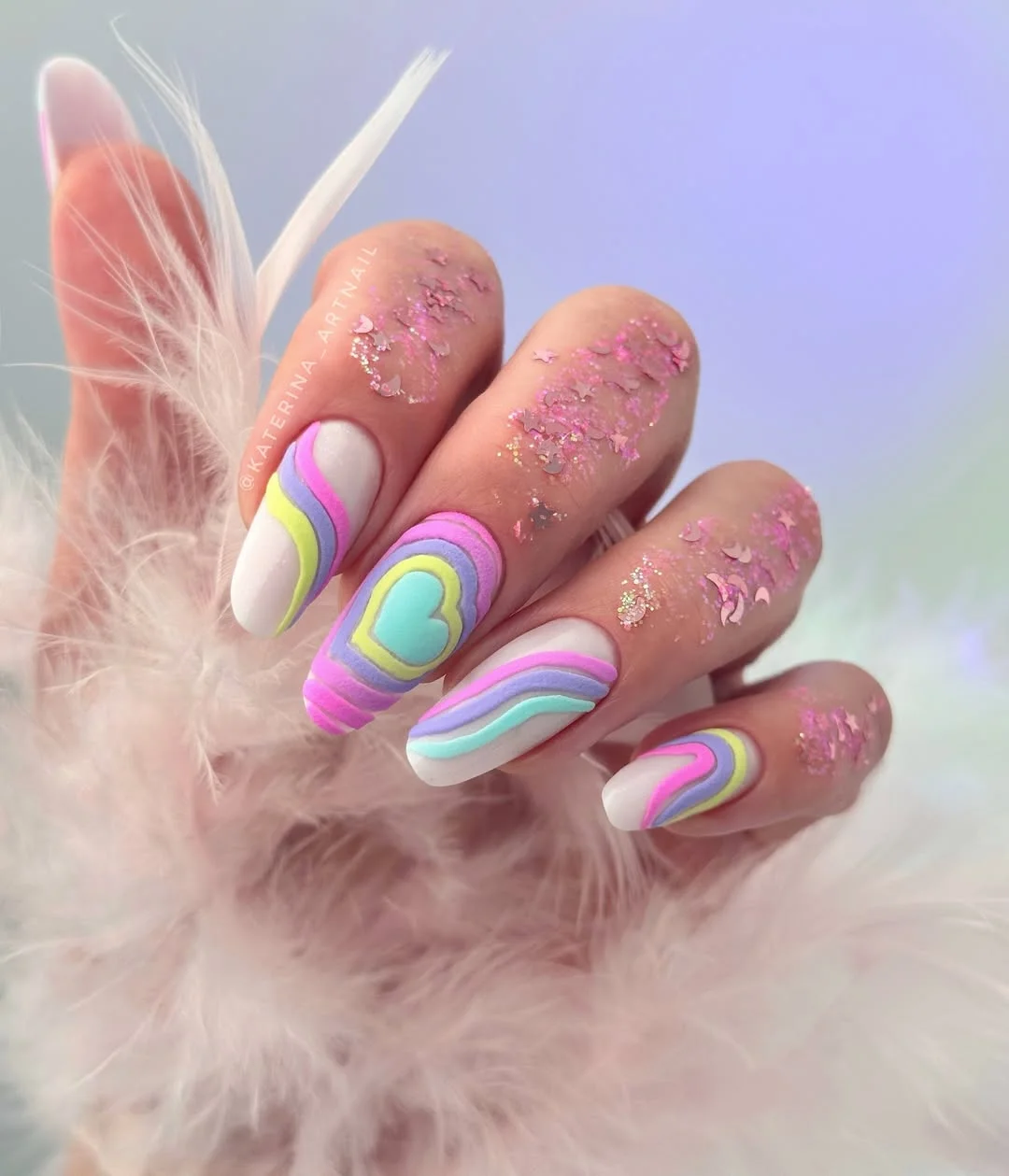 summer dip nails 2026 Pastel Swirl Heart Nails