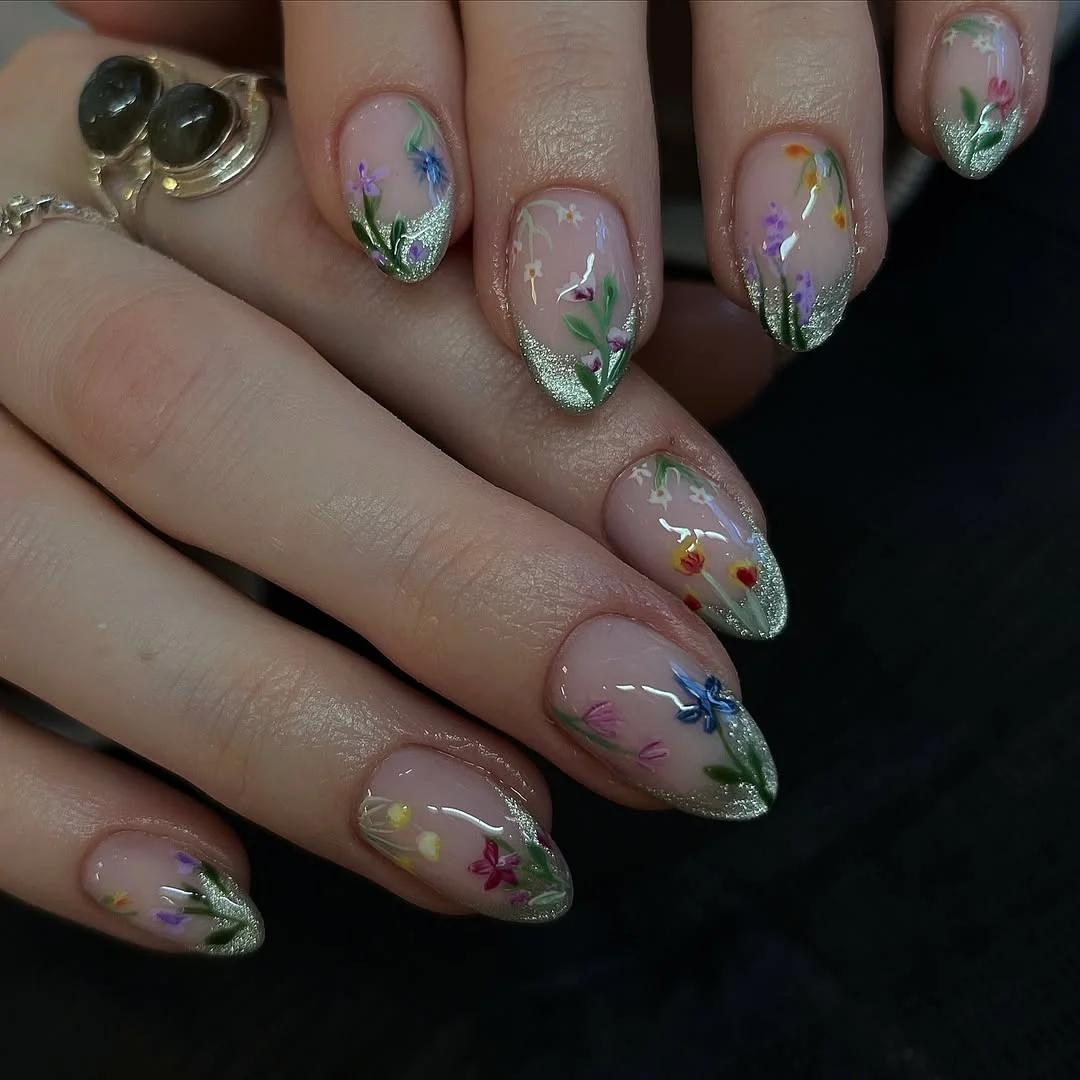 summer flower nails 2026 Wildflower Almond Nails With Shimmer Tips
